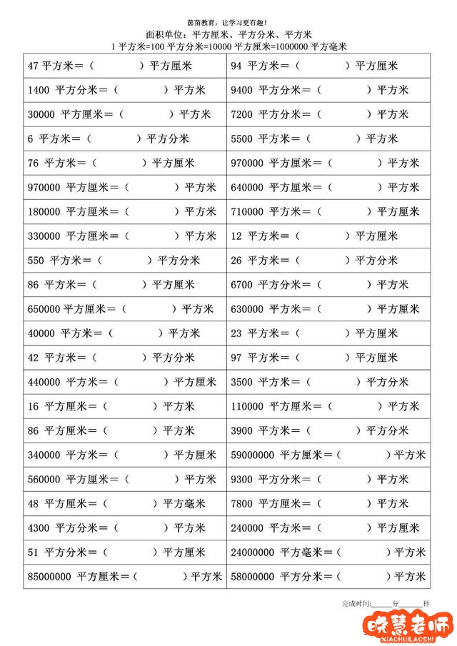 平方毫米,平方厘米,平方分米,平方米的换算练习题